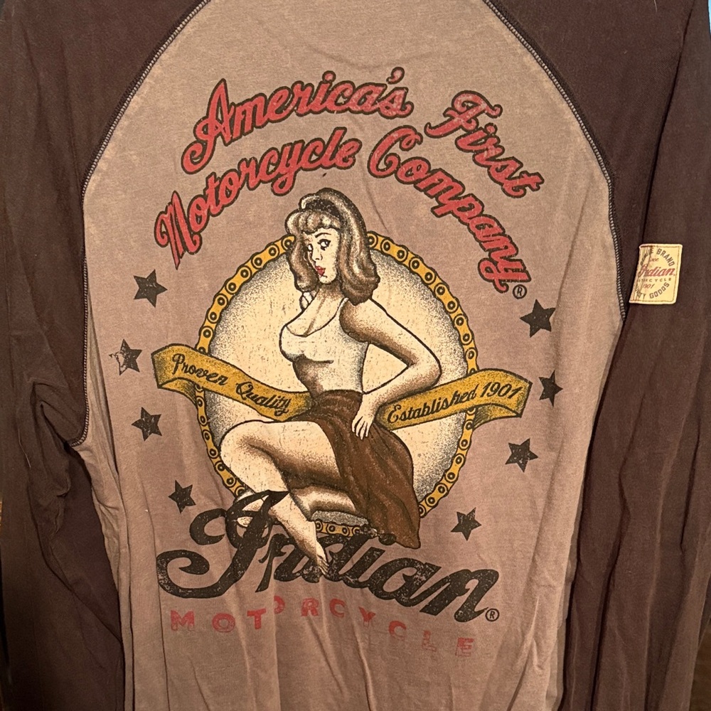 Indian Motorcycle Mens XL Long Sleeve Raglan Pin-up Girl Graphic Tee Brown Tan - Picture 6 of 7